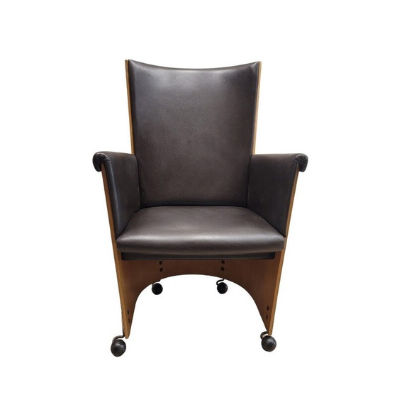 Image 1 of Paar vintage "Incontro 5080" fauteuils in hout en leer van Massimo en Lella Vignelli voor Bernini