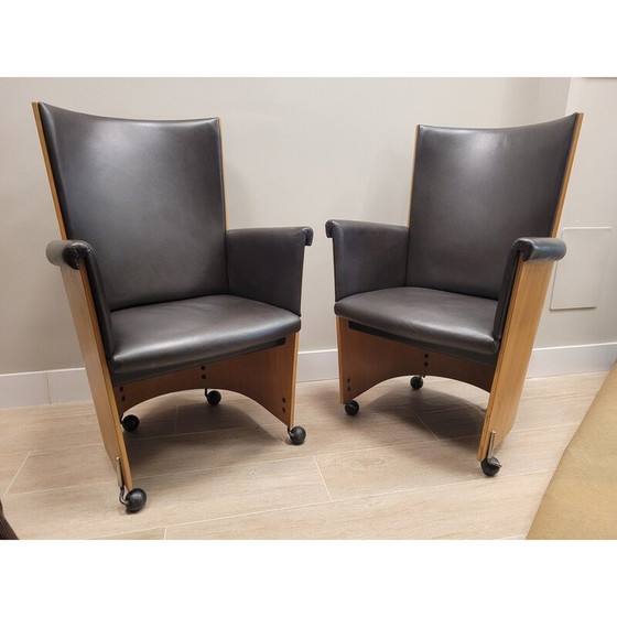 Image 1 of Paar vintage "Incontro 5080" fauteuils in hout en leer van Massimo en Lella Vignelli voor Bernini