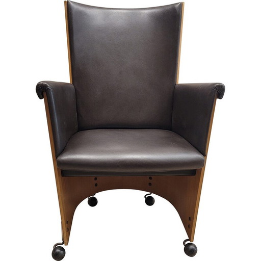 Paar vintage "Incontro 5080" fauteuils in hout en leer van Massimo en Lella Vignelli voor Bernini