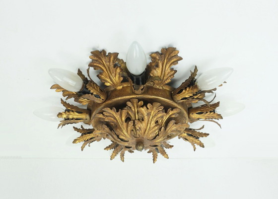 Image 1 of vintage italiaanse plafondlamp florentijnse lamp metalen bladeren