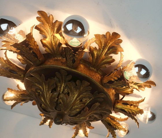 Image 1 of vintage italiaanse plafondlamp florentijnse lamp metalen bladeren