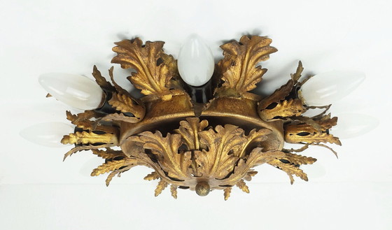 Image 1 of vintage italiaanse plafondlamp florentijnse lamp metalen bladeren