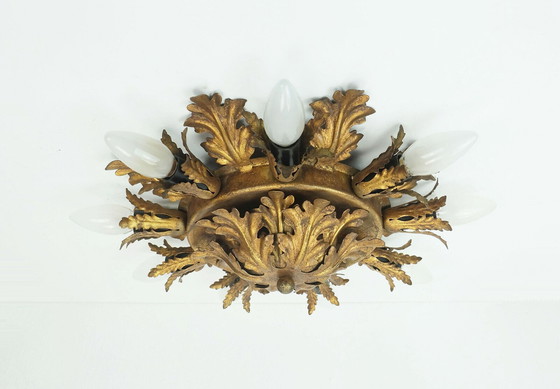 Image 1 of vintage italiaanse plafondlamp florentijnse lamp metalen bladeren