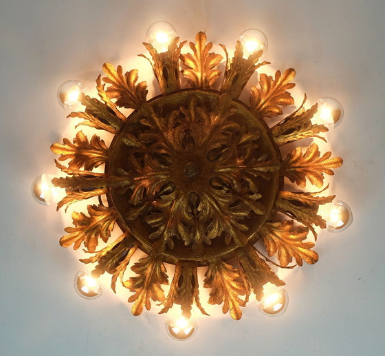 Image 1 of vintage italiaanse plafondlamp florentijnse lamp metalen bladeren