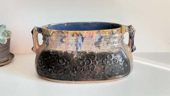 Image 1 of Jardiniere Barbotine Keramiek Geëmailleerd Vintage