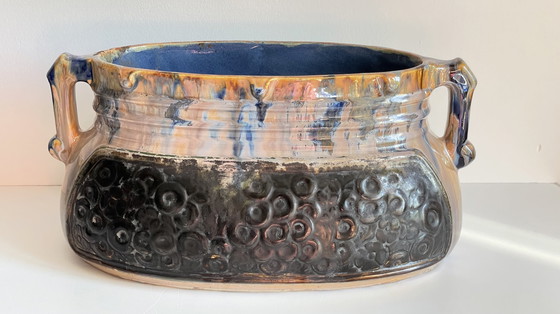 Image 1 of Jardiniere Barbotine Keramiek Geëmailleerd Vintage