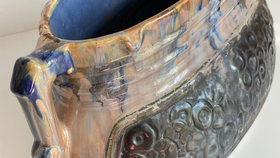 Image 1 of Jardiniere Barbotine Keramiek Geëmailleerd Vintage