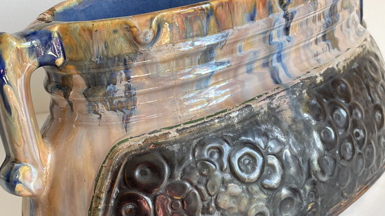 Image 1 of Jardiniere Barbotine Keramiek Geëmailleerd Vintage