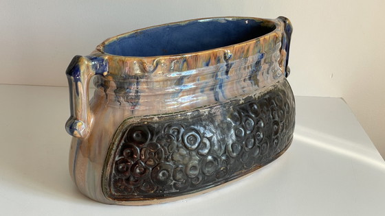 Image 1 of Jardiniere Barbotine Keramiek Geëmailleerd Vintage