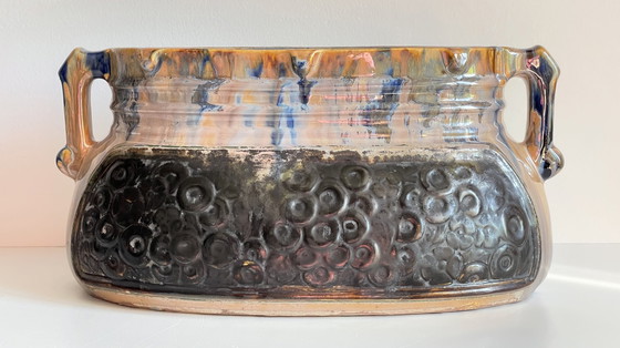 Image 1 of Jardiniere Barbotine Keramiek Geëmailleerd Vintage