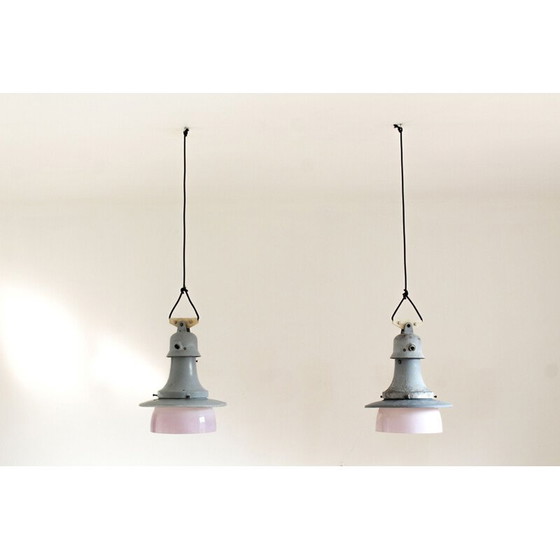 Image 1 of Paar vintage aluminium en grijze legering hanglampen, Italië 1970