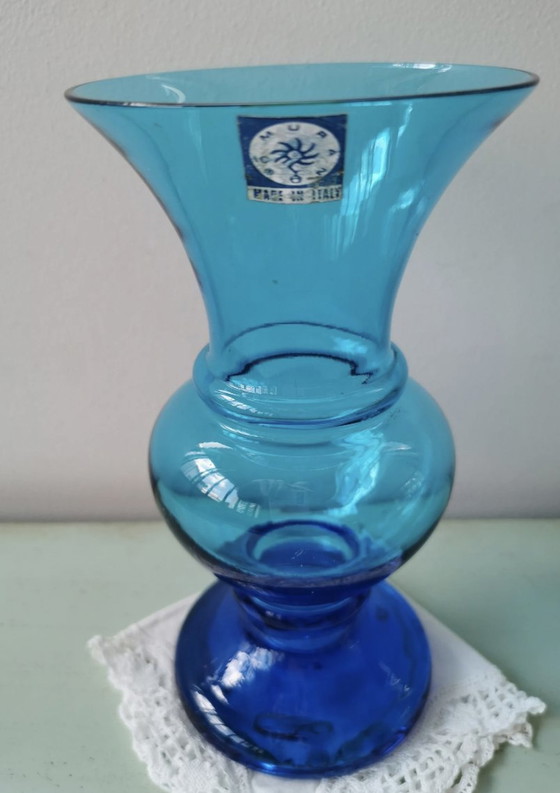 Image 1 of Vintage Murano Blauw Geblazen Glazen Vaas