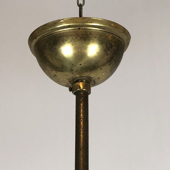 Image 1 of Vintage kroonluchter met twee lampen in messing hout en opaline, Italië 1950