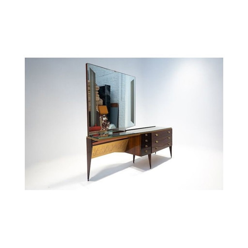 Vintage houten kaptafel met oplichtende spiegel, Italië 1960