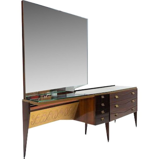 Vintage houten kaptafel met oplichtende spiegel, Italië 1960