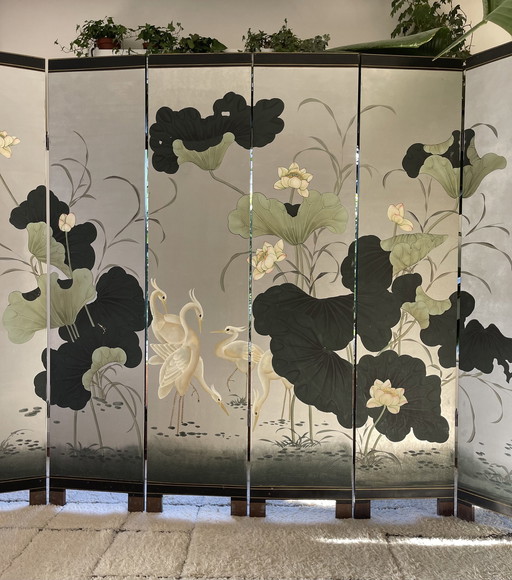 Vintage Japans Handbeschilderd Kamerscherm / Roomdivider