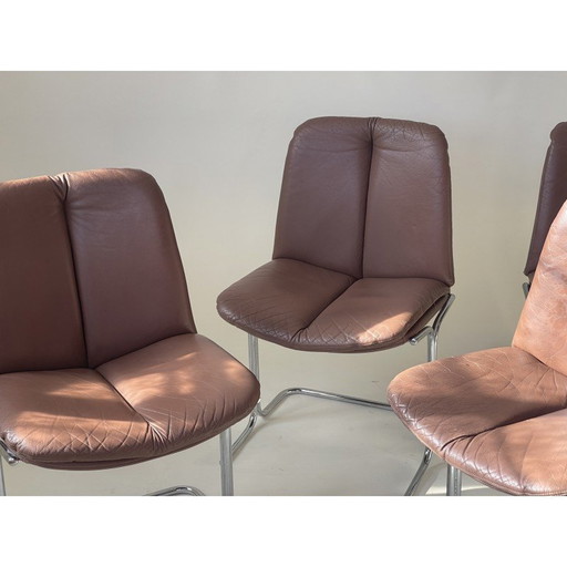 Set van 4 vintage stoelen van chocoladebruin leer en chroom door Tim Bates voor Pieff, 1970