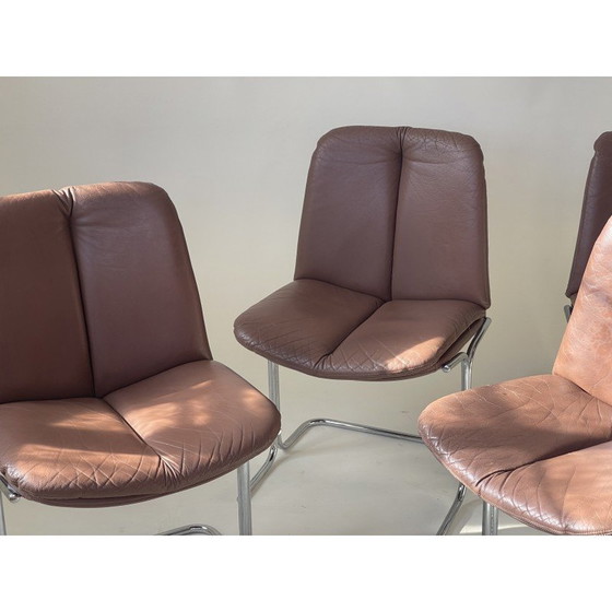 Image 1 of Set van 4 vintage stoelen van chocoladebruin leer en chroom door Tim Bates voor Pieff, 1970