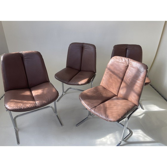 Image 1 of Set van 4 vintage stoelen van chocoladebruin leer en chroom door Tim Bates voor Pieff, 1970