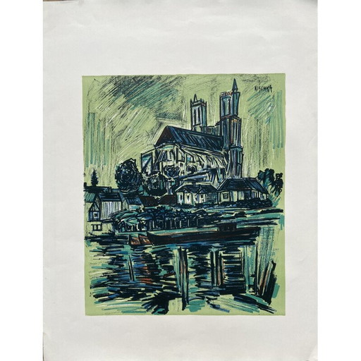 Vintage handgesigneerde litho poster van dorp door Kischka, 1970