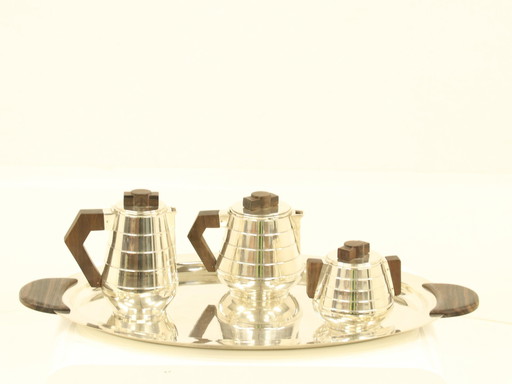 Art Deco verzilverd thee- of koffieservies met bijpassend dienblad