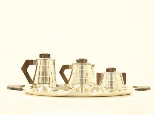 Art Deco verzilverd thee- of koffieservies met bijpassend dienblad