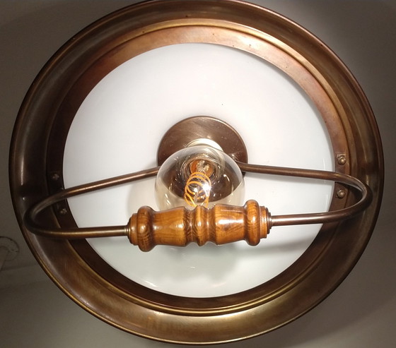 Image 1 of Vintage Hanglamp / scheepslamp Koper Glas Hout