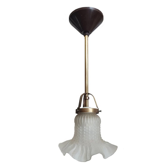 Image 1 of Kleine Franse matglazen vintage hanglampen, set van 3