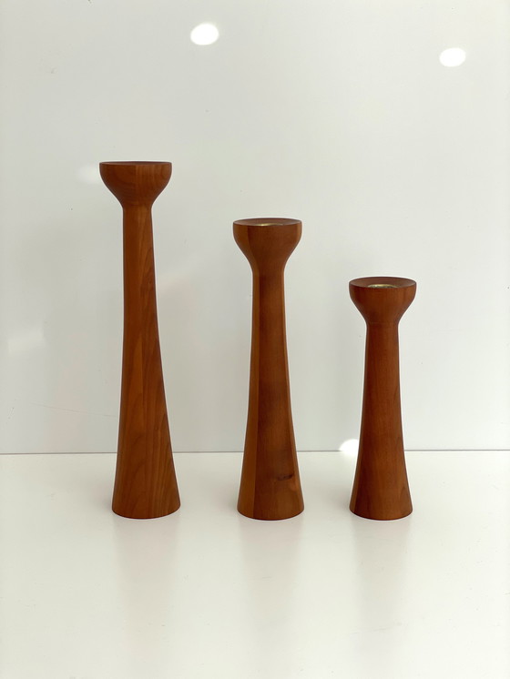 Image 1 of 3x vintage teak kandelaar