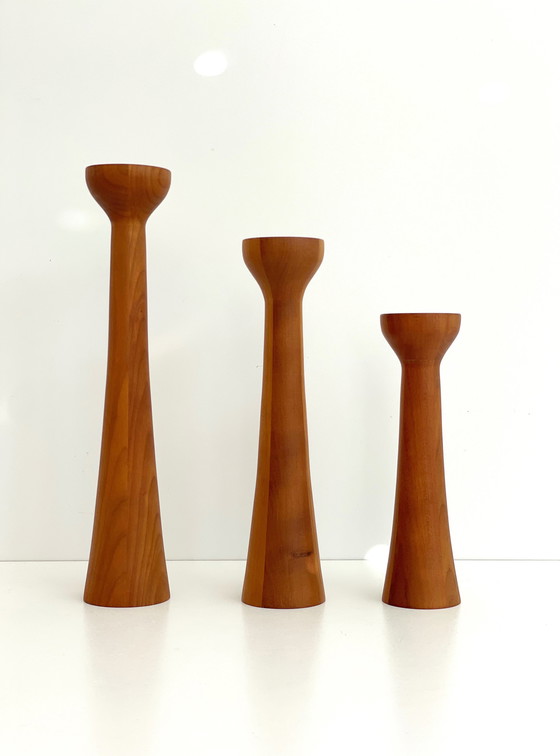 Image 1 of 3x vintage teak kandelaar