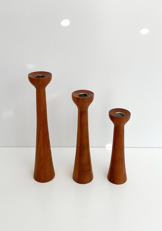 Image 1 of 3x vintage teak kandelaar