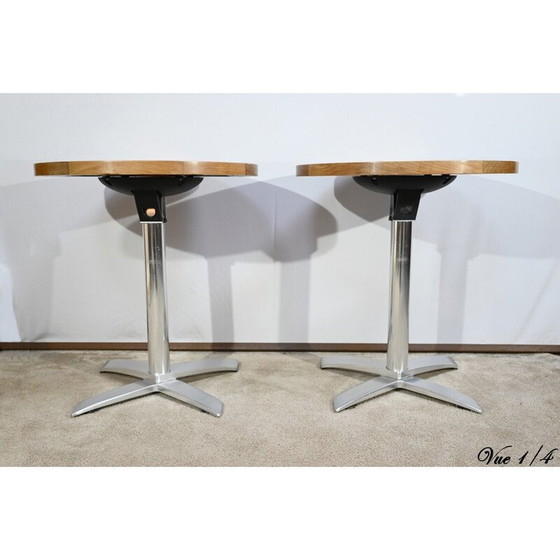 Image 1 of Paar vintage bistrotafels in essenhout en gegoten aluminium van Roland Vlaemynck