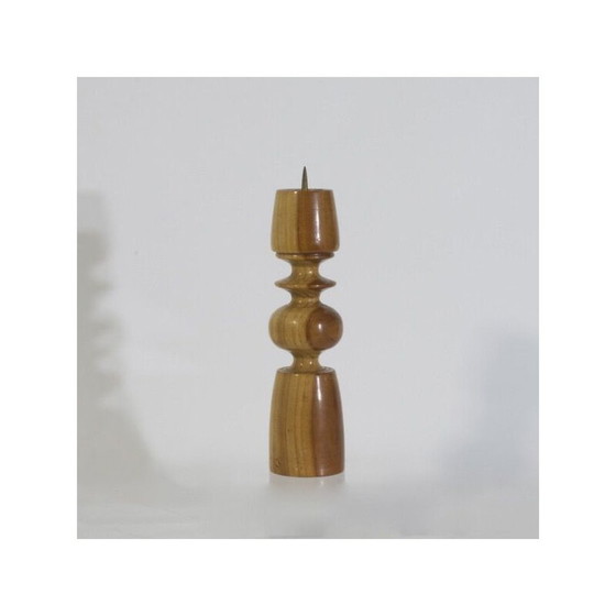 Image 1 of Scandinavische vintage kandelaar van massief gedraaid hout en messing