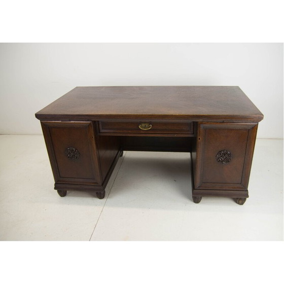 Image 1 of Vintage vrijstaand bureau van hout en messing, jaren 1920