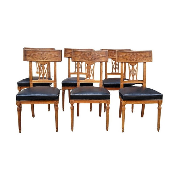 Image 1 of Set van 6 vintage stoelen van walnoothout en zwart leer, Frankrijk