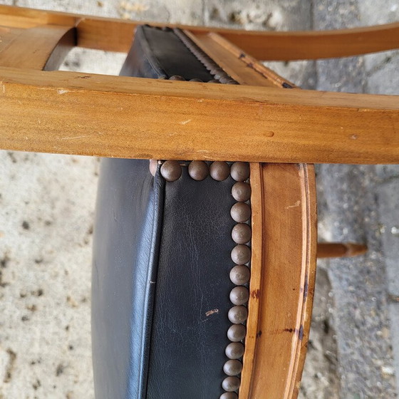 Image 1 of Set van 6 vintage stoelen van walnoothout en zwart leer, Frankrijk