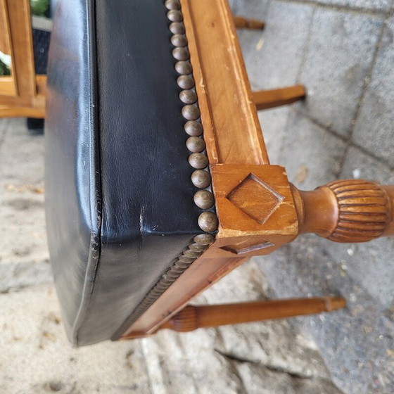 Image 1 of Set van 6 vintage stoelen van walnoothout en zwart leer, Frankrijk