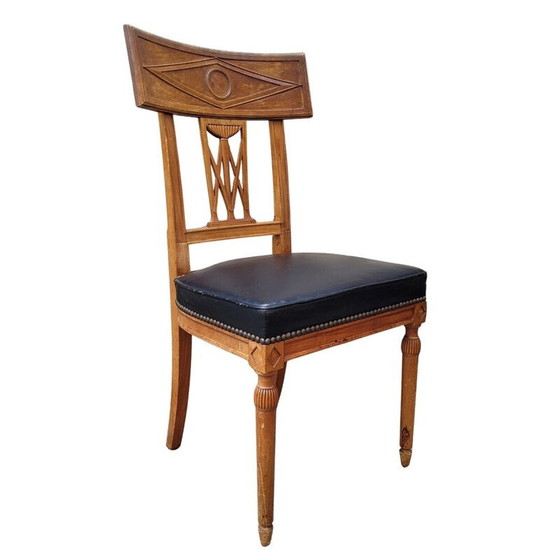 Image 1 of Set van 6 vintage stoelen van walnoothout en zwart leer, Frankrijk