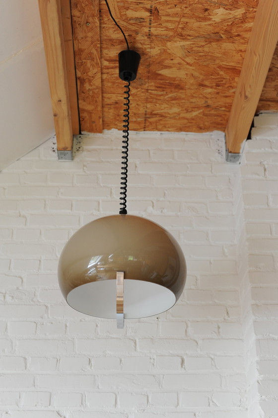 Image 1 of Vintage Bruin/Beige Plexiglazen 70'S Hanglamp Met Trekpendel En Chromen Handvat