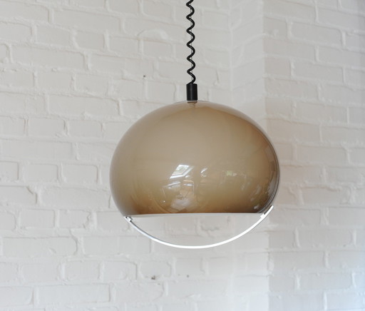 Vintage Bruin/Beige Plexiglazen 70'S Hanglamp Met Trekpendel En Chromen Handvat