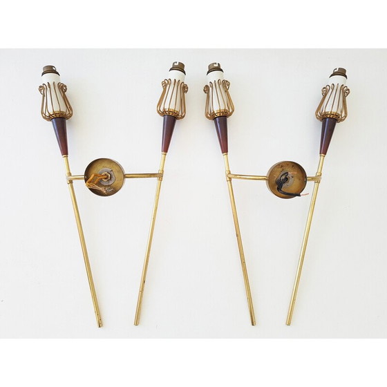 Image 1 of Paar vintage wandlampen van messing en hars voor Lunel, 1950