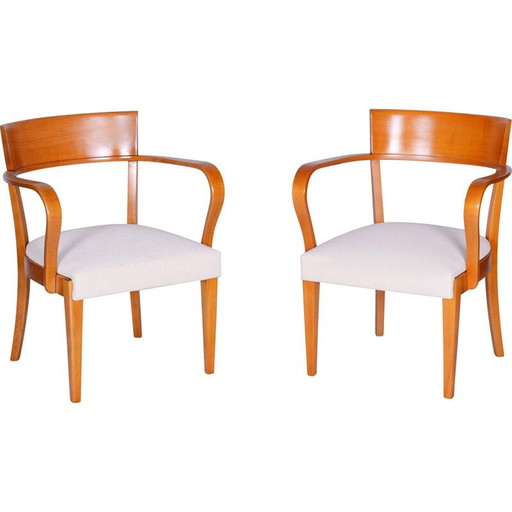 Paar vintage Art Deco wit beukenhouten fauteuils door Jindrich Halabala voor Up Zavody, Tsjecho-Slowakije 1930