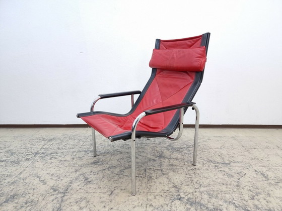 Image 1 of Strässle echt leren fauteuil Hans Eichenberger design fauteuil schommelstoel rood-zwart