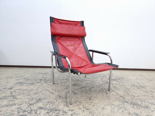 Strässle echt leren fauteuil Hans Eichenberger design fauteuil schommelstoel rood-zwart