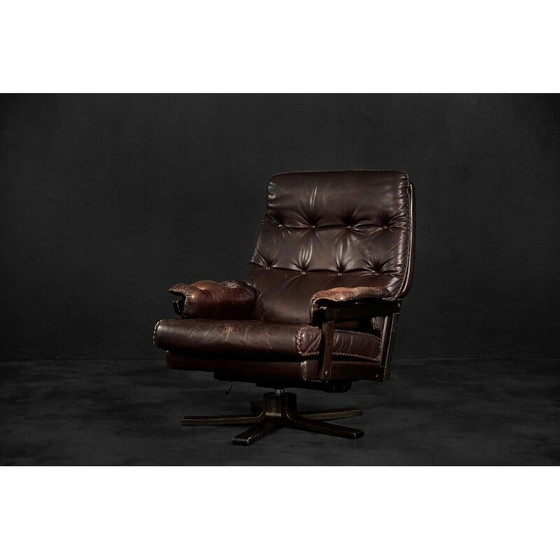 Image 1 of Vintage Scandinavische bruin lederen directeursdraaifauteuil, Denemarken 1970