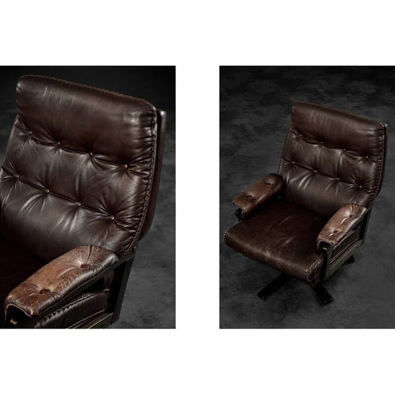 Image 1 of Vintage Scandinavische bruin lederen directeursdraaifauteuil, Denemarken 1970