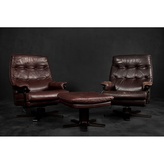 Image 1 of Vintage Scandinavische bruin lederen directeursdraaifauteuil, Denemarken 1970