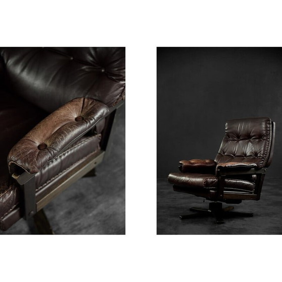 Image 1 of Vintage Scandinavische bruin lederen directeursdraaifauteuil, Denemarken 1970