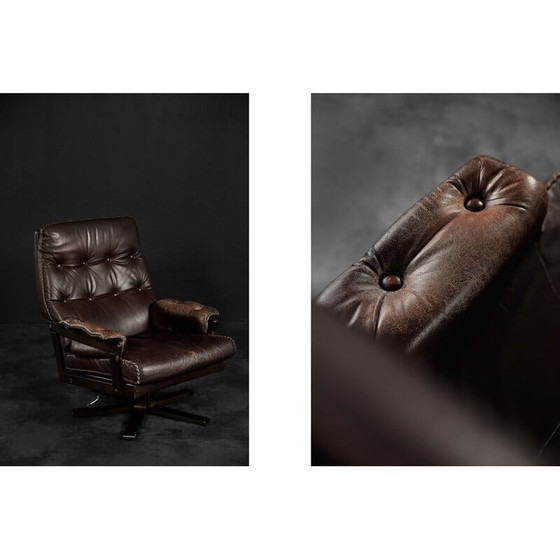Image 1 of Vintage Scandinavische bruin lederen directeursdraaifauteuil, Denemarken 1970