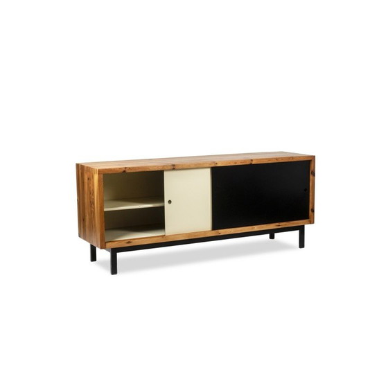 Image 1 of Vintage rechthoekig dressoir van massief pitch pine en zwart gelakt metaal, Nederland 1970